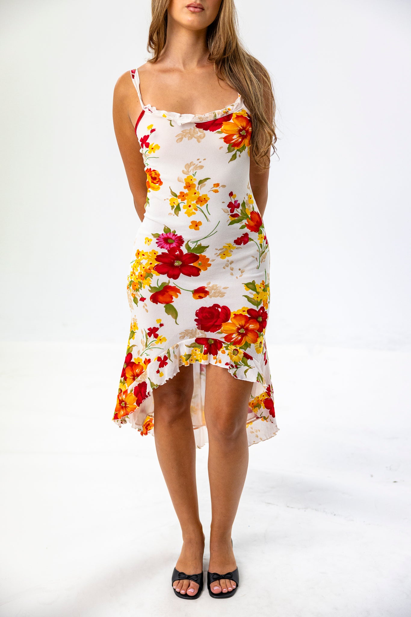 Asymmetric Floral Midi-Dress in White and Autumnal Colour