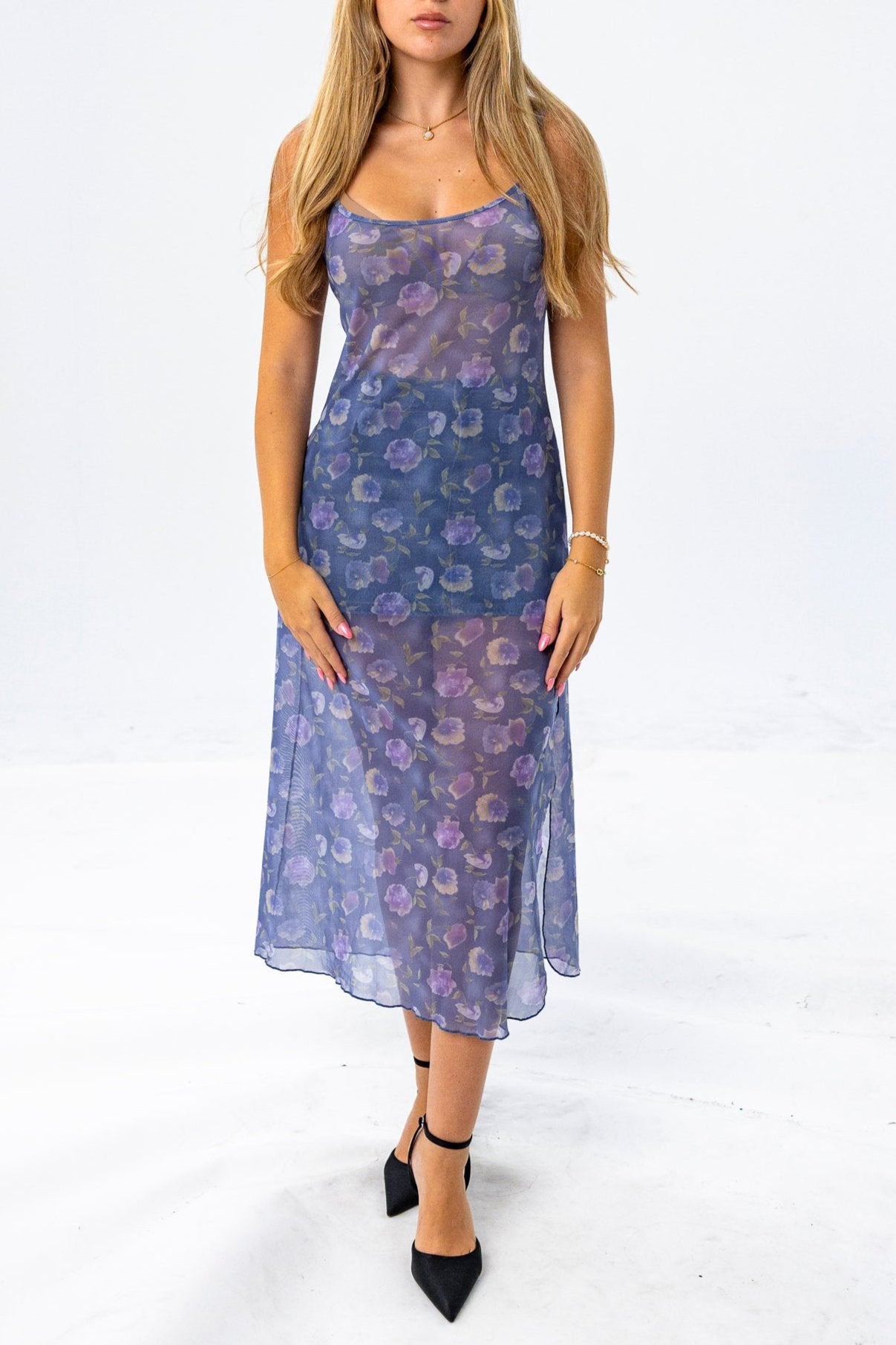 Sheer  Midi Layering Dress in Purple with Floral Details