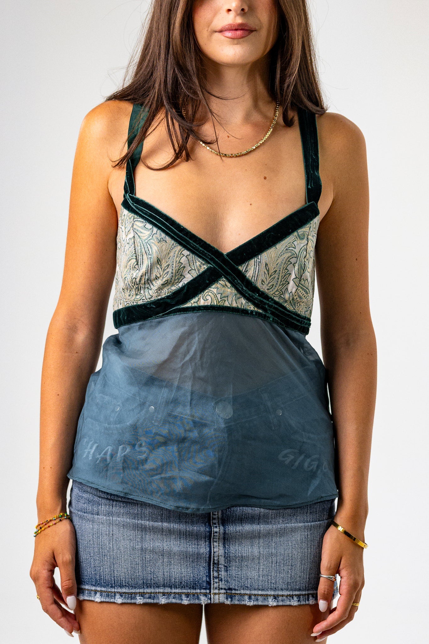 V-Neck Velvet Neckline Top with Embroidery Detail in Green