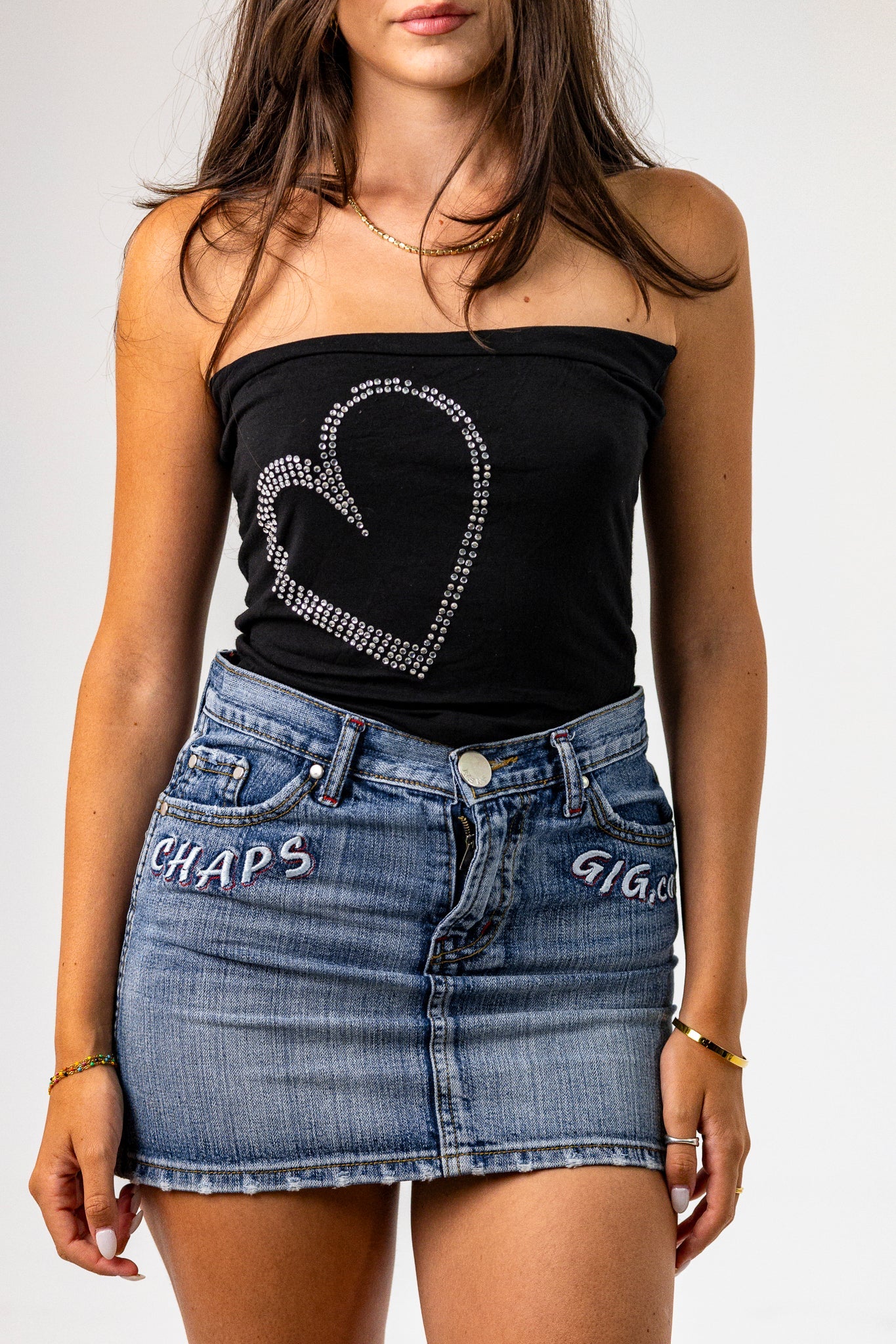 Heart Diamante Design Bandeau Top in Black