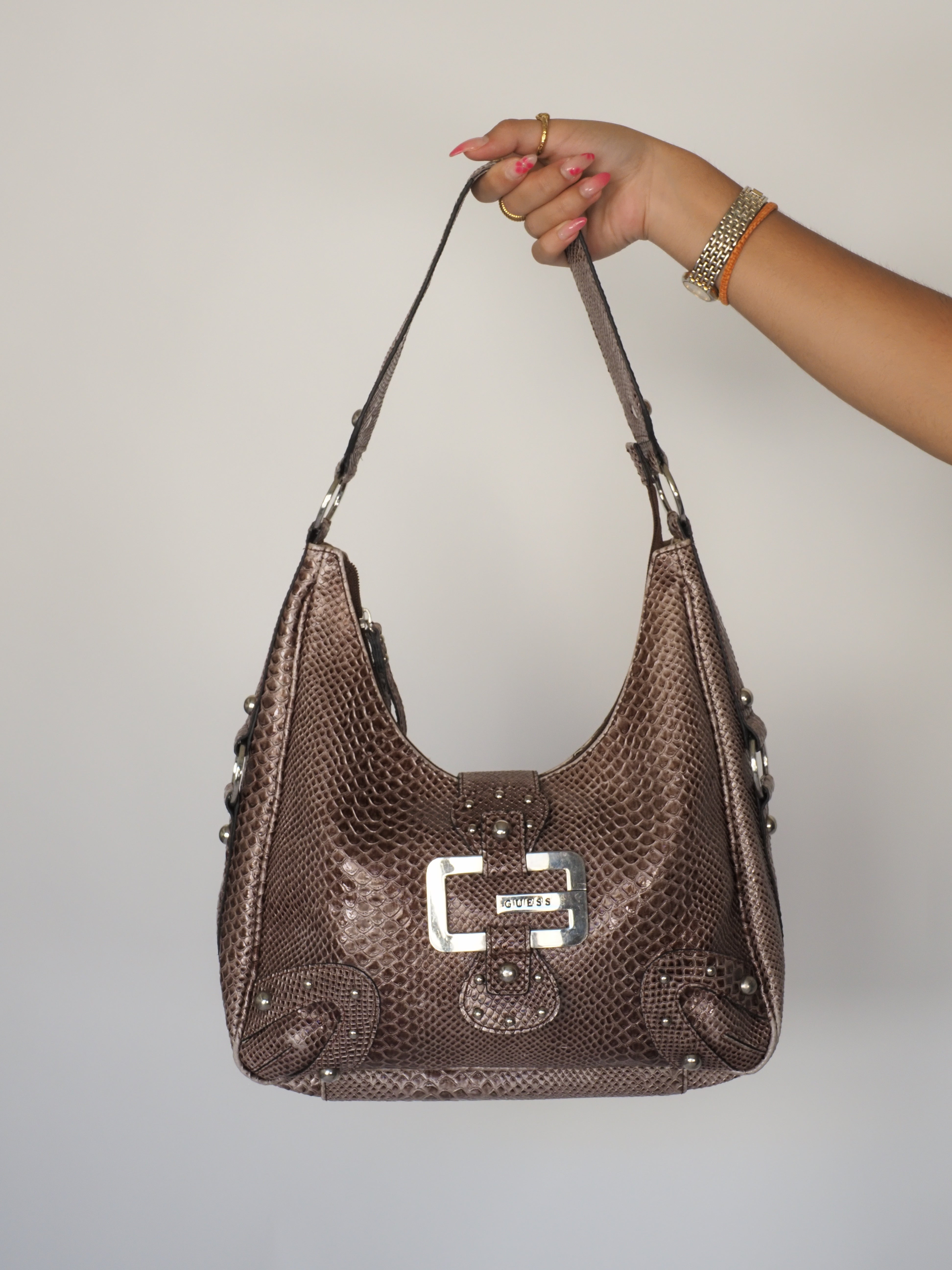 Guess Metallic Python-Embossed Hobo Shoulder Bag