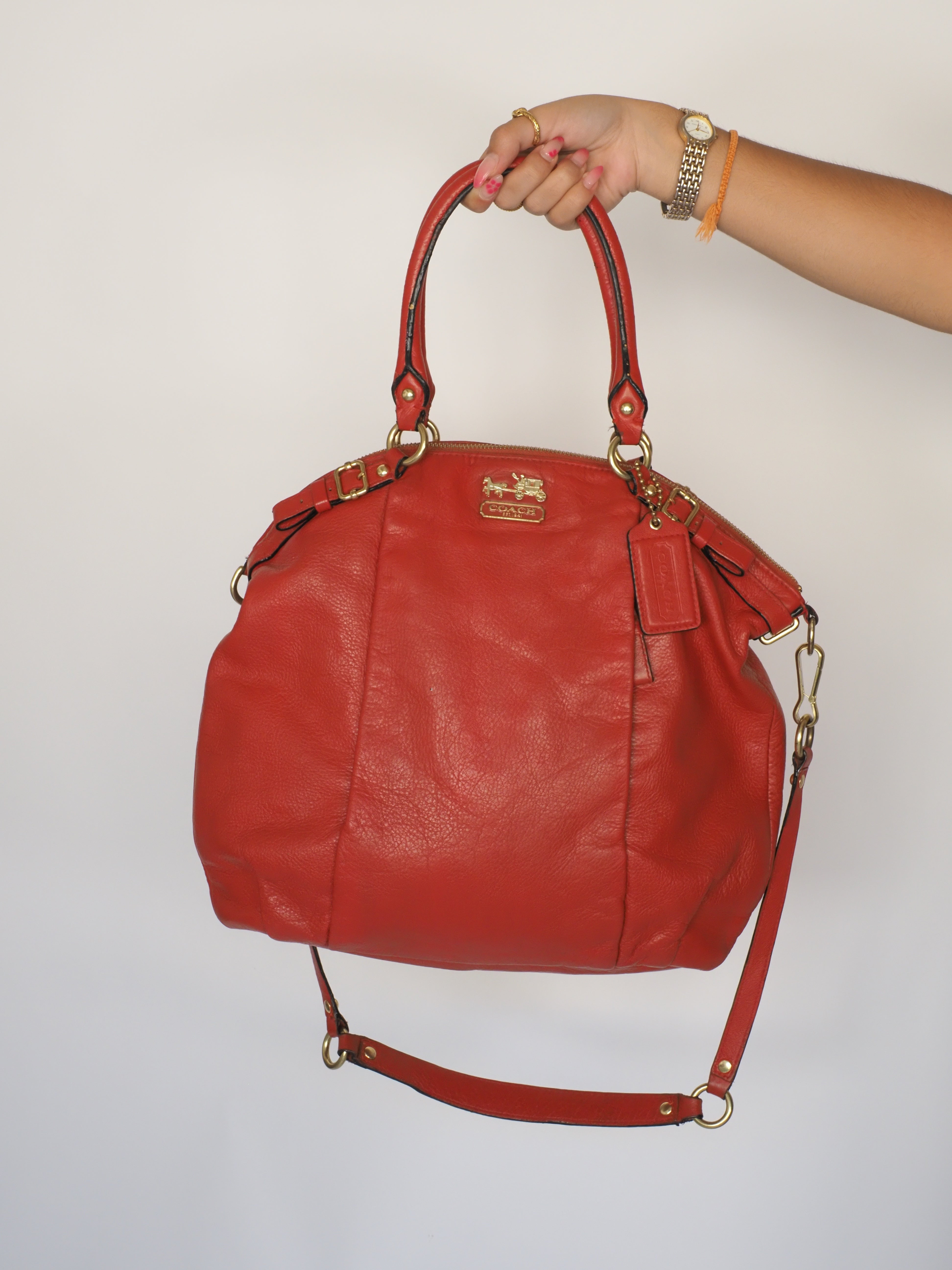 Coach Gathered Leather Satchel – Poppy‑Red with Brass Hardware