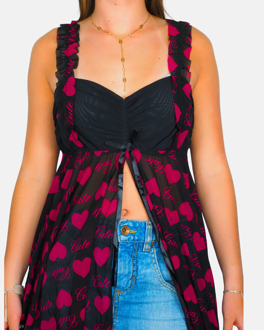 Heart Print Lace Trim Tie Front
