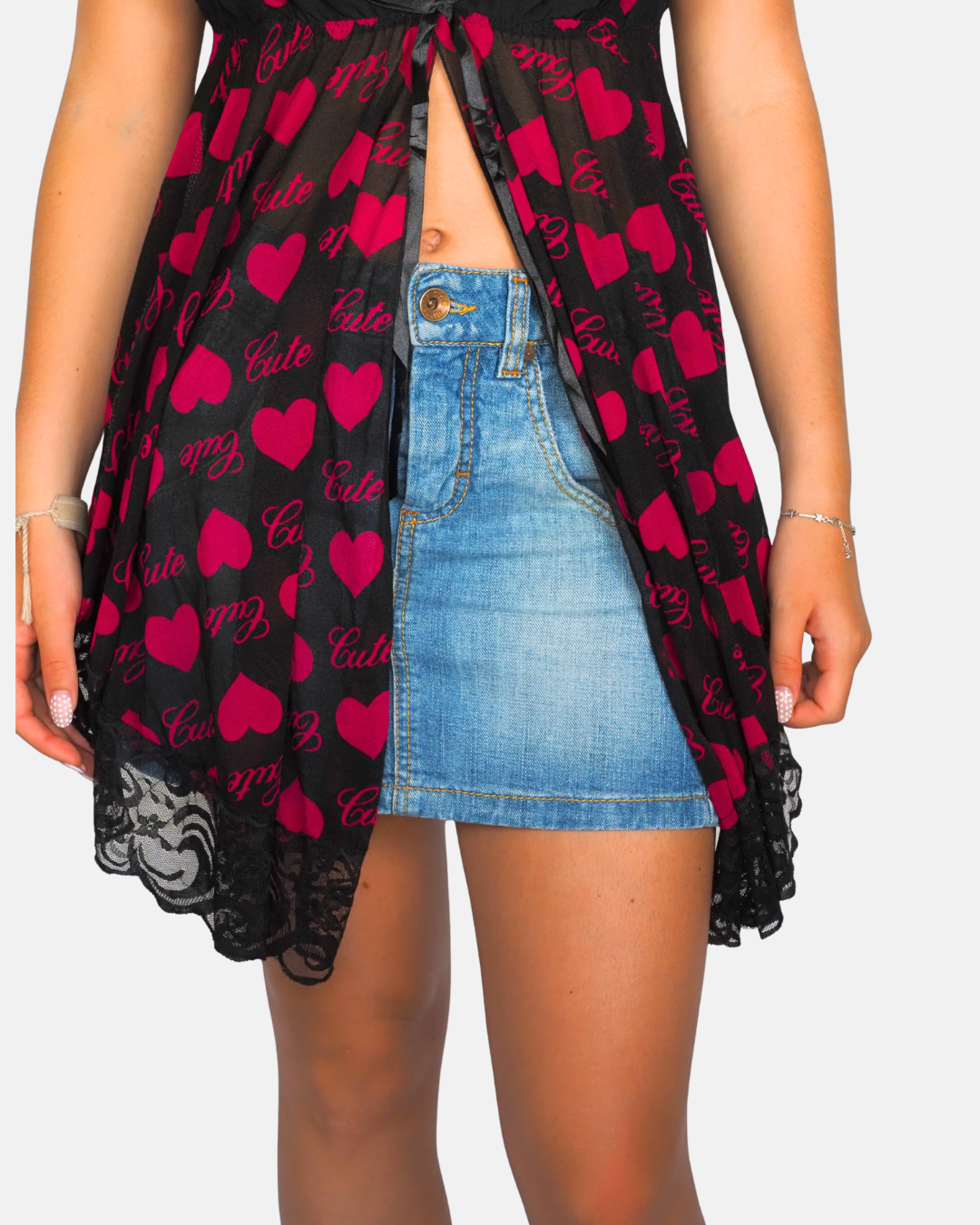 Heart Print Lace Trim Tie Front