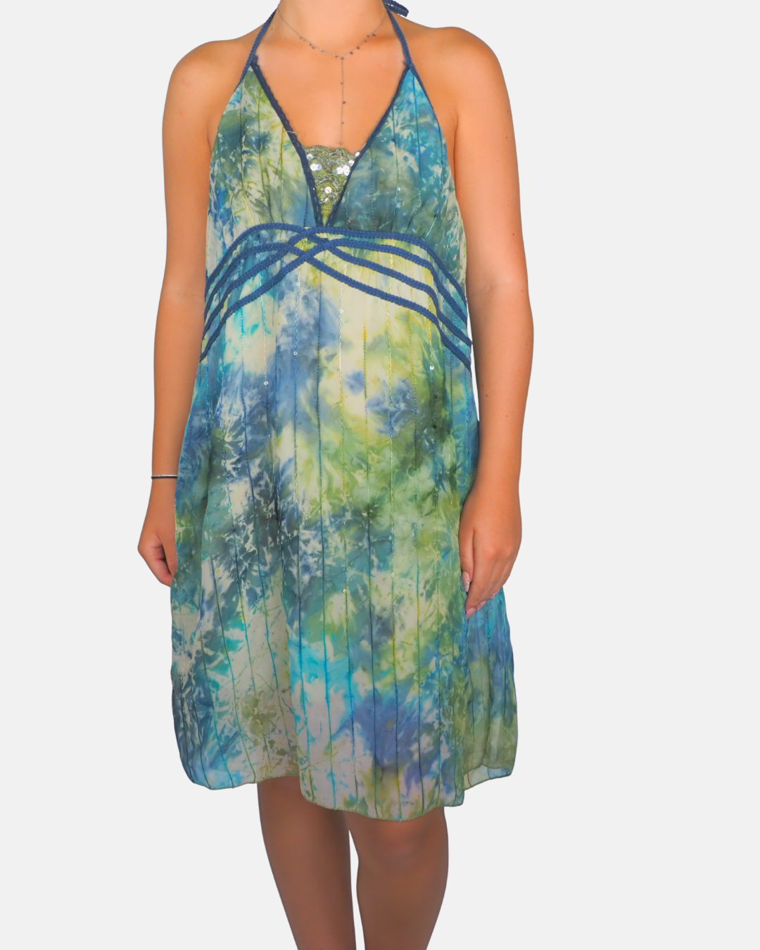 Blue & Green Embellished Halterneck Midi Dress
