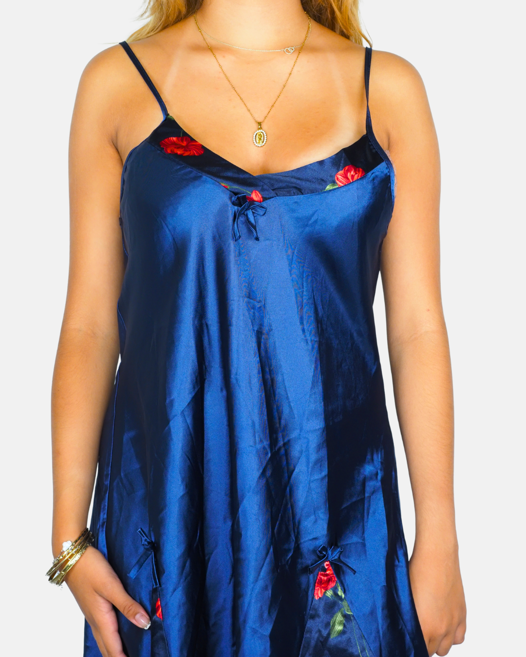 Navy Satin Floral Embroidered Slip Dress