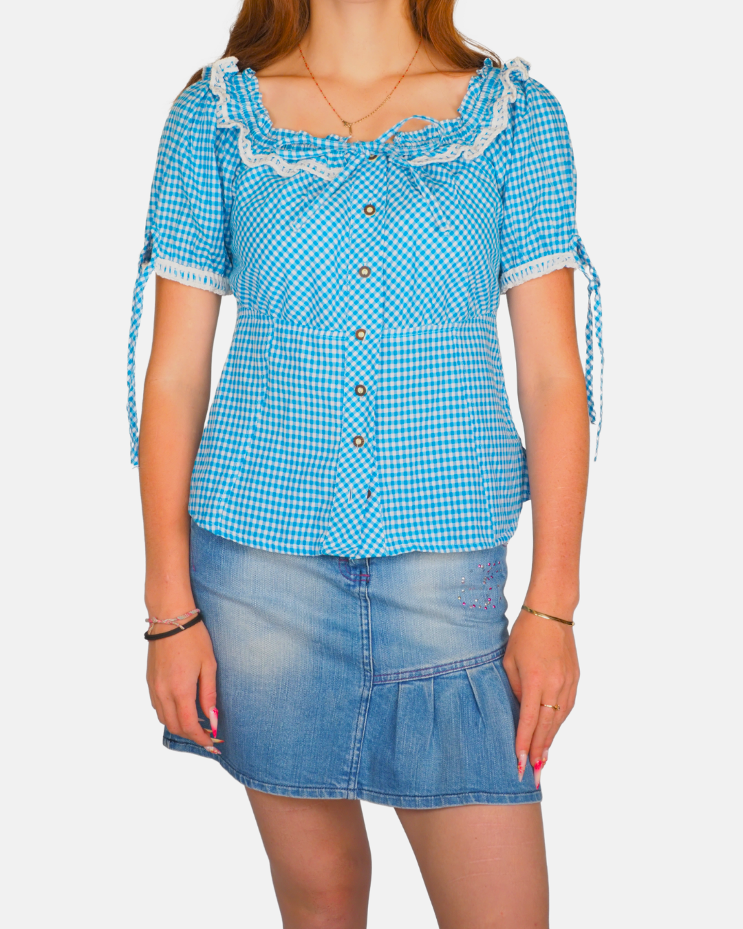 NKD Blue Gingham Lace Trim Blouse