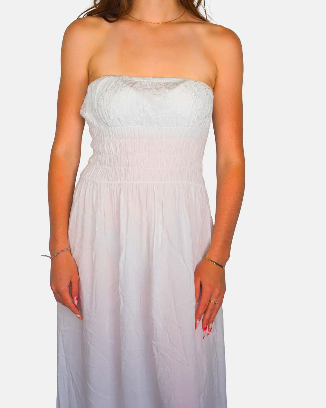 White Strapless Smocked Maxi Dress