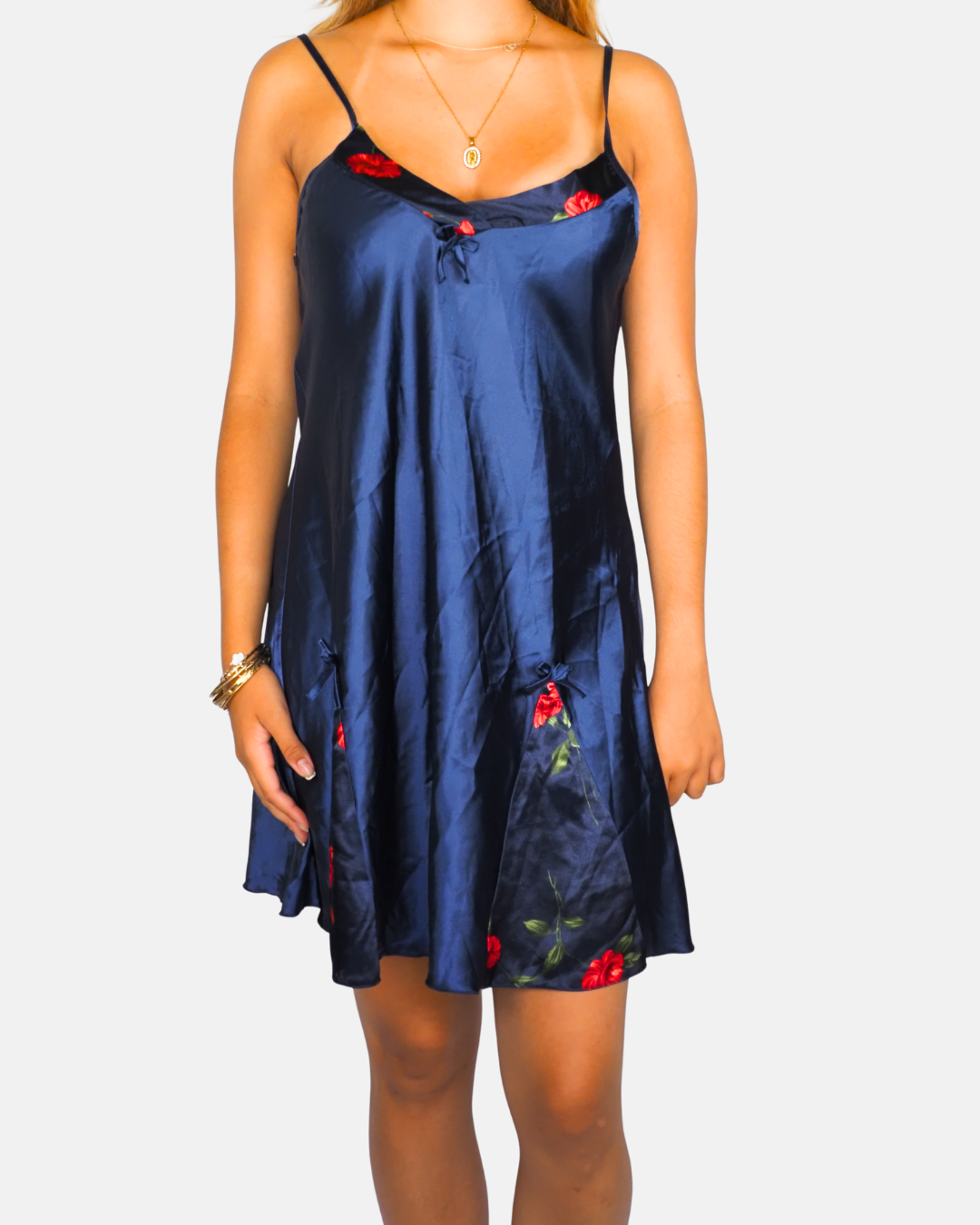 Navy Satin Floral Embroidered Slip Dress