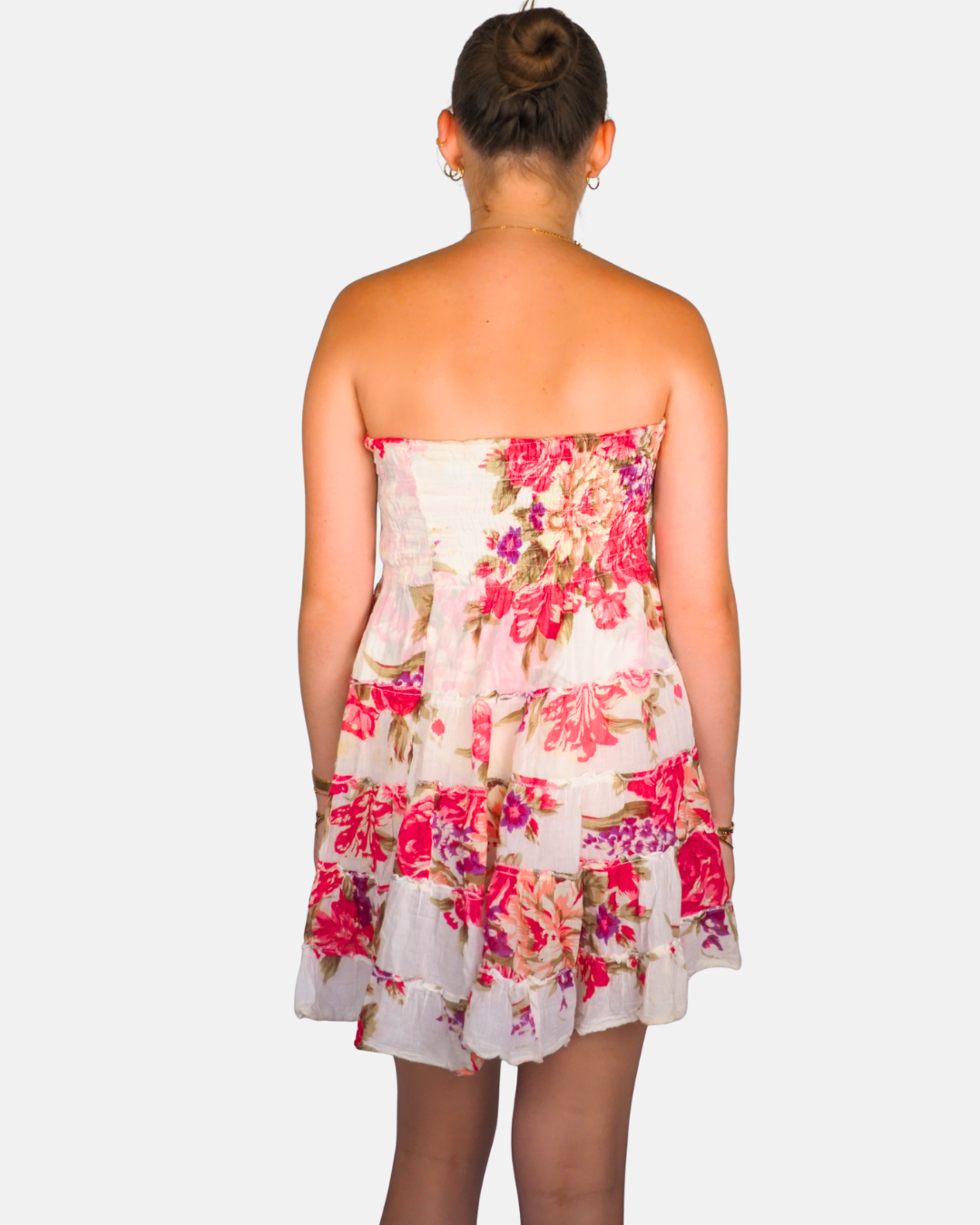 Pink Floral Strapless Tiered Mini Dress