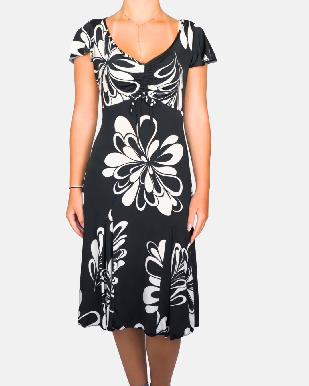 Vintage Monochrome Floral Midi Dress