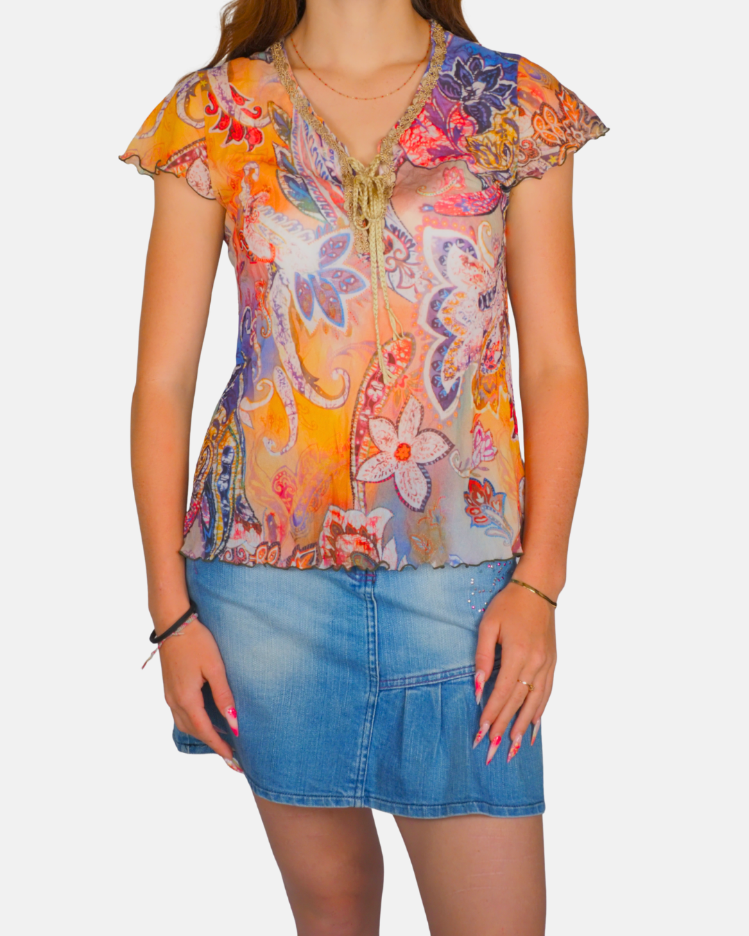 Orange Abstract Mesh Cap Sleeve Top
