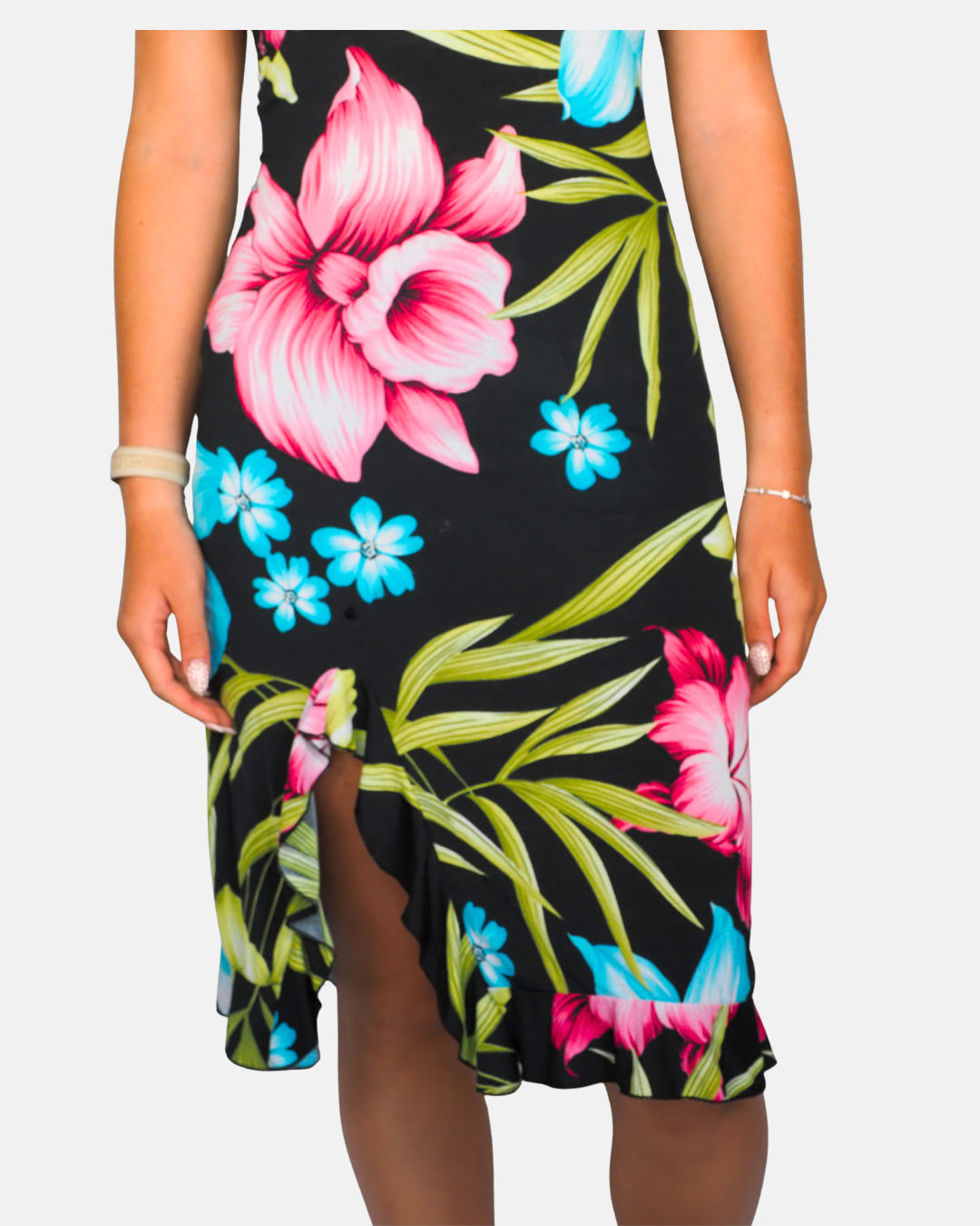Tropical Floral Ruffle Midi Dress - FENGO