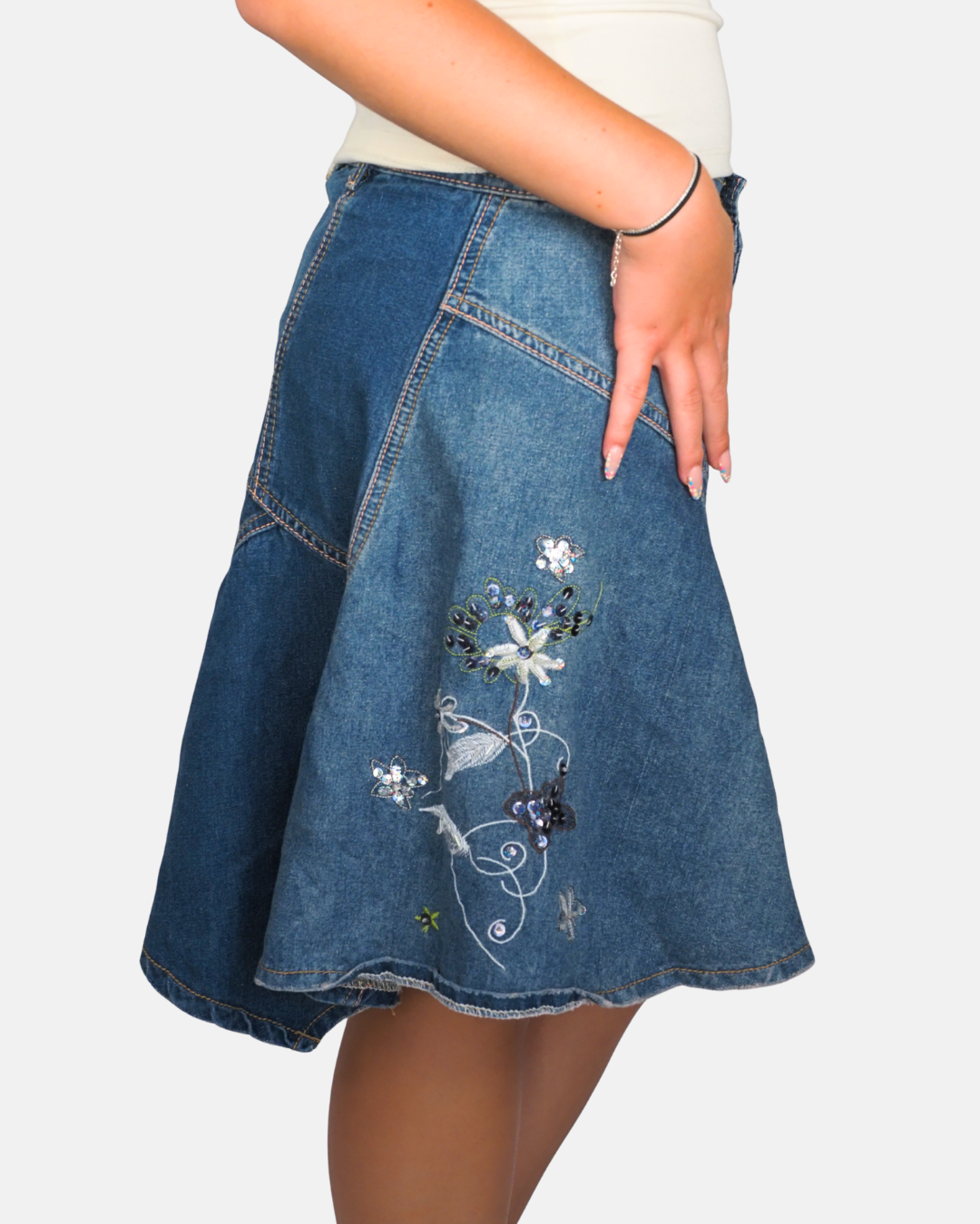 Dateless Embroidered Denim Midi Skirt