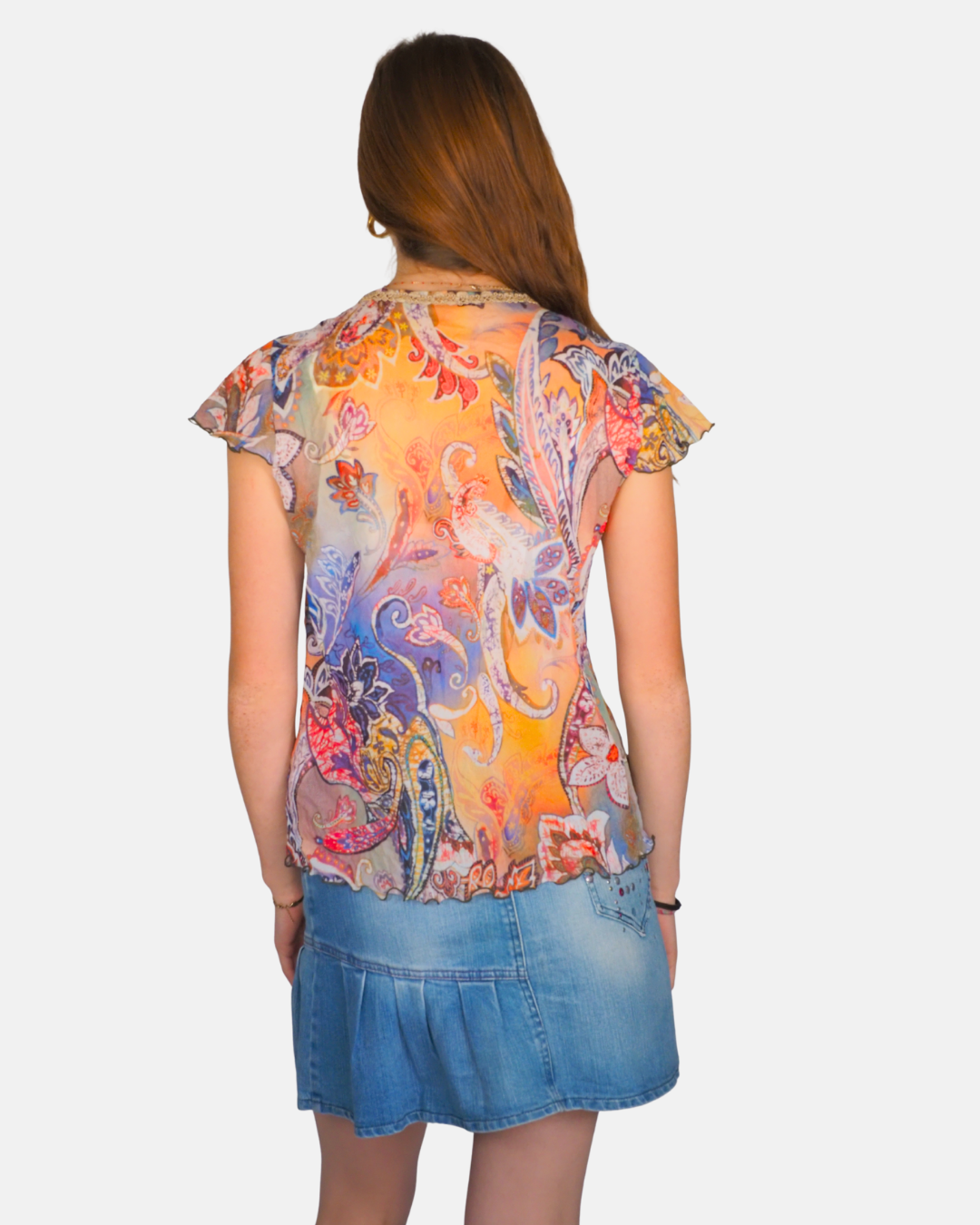 Orange Abstract Mesh Cap Sleeve Top