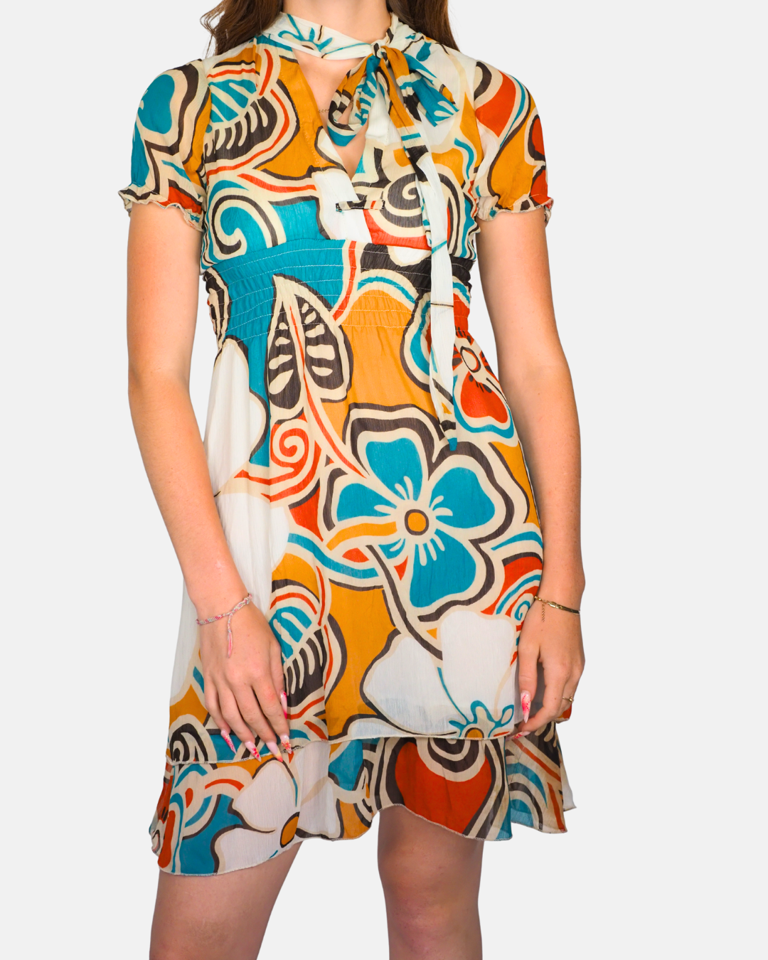 Vintage Abstract Floral Tie-Neck Mini Dress