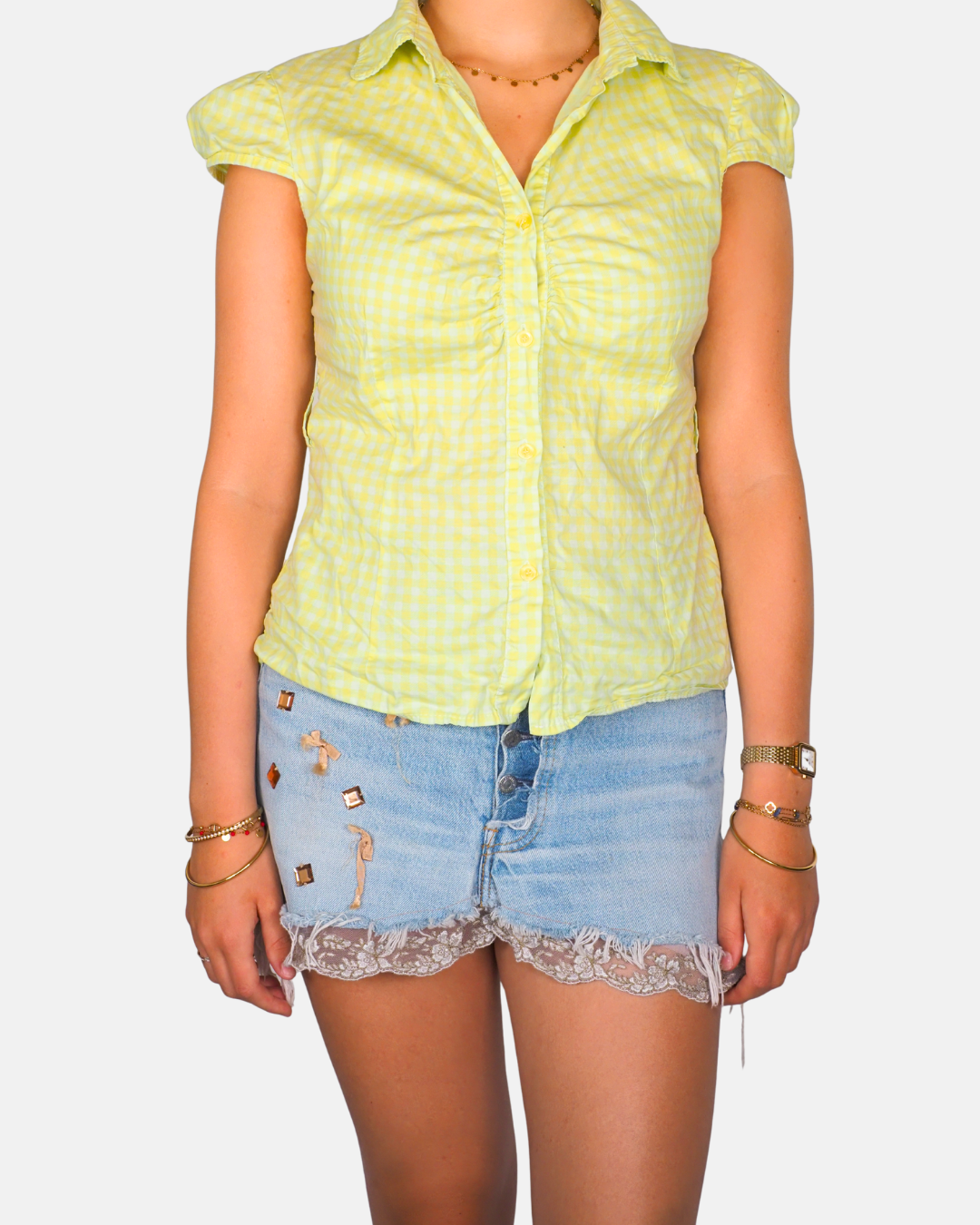 Yellow Gingham Ruched Button-Up Blouse