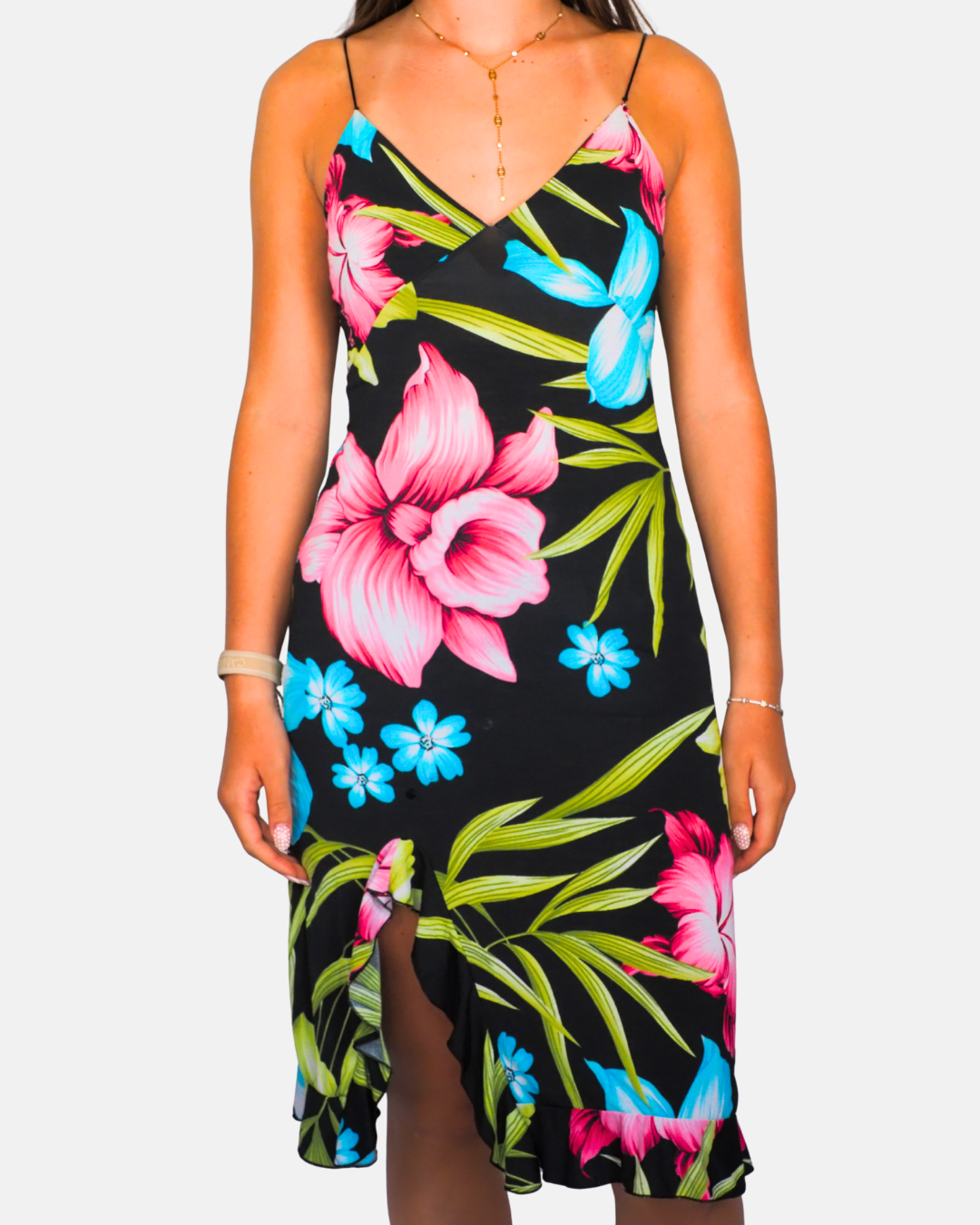 Tropical Floral Ruffle Midi Dress - FENGO