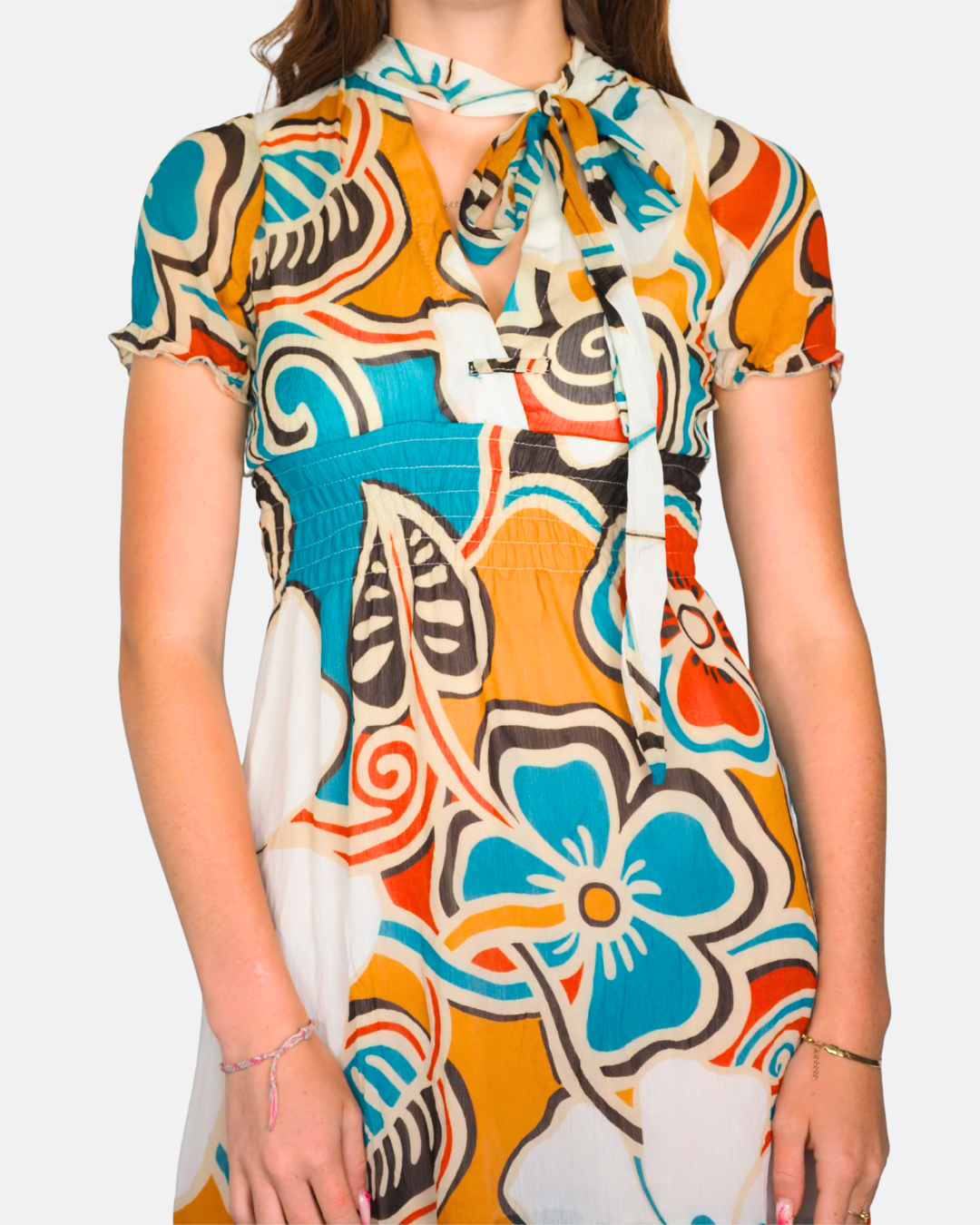 Vintage Abstract Floral Tie-Neck Mini Dress