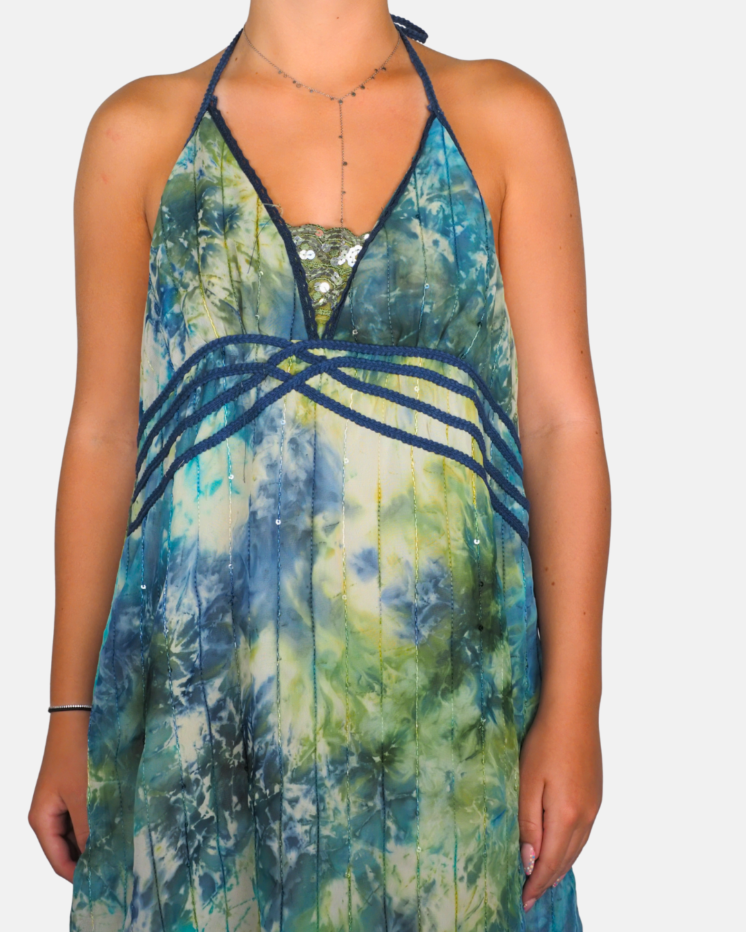 Blue & Green Embellished Halterneck Midi Dress