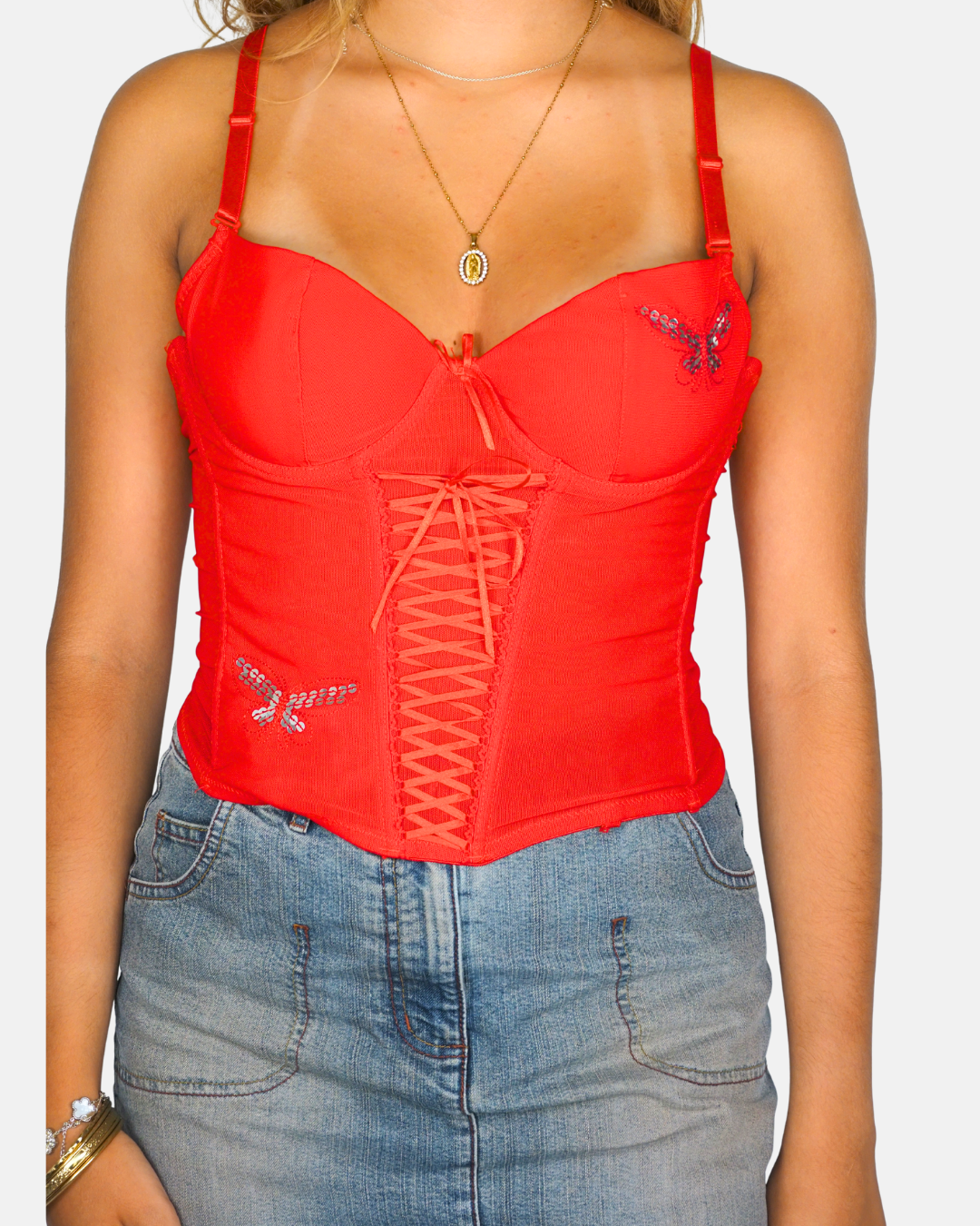 Red Rhinestone Butterfly Corset Top