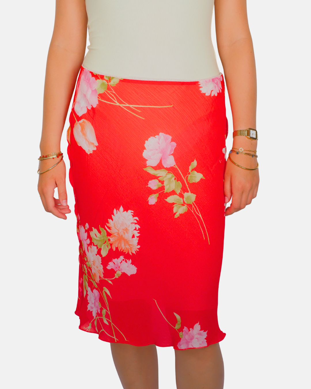 Vintage Benetton Coral Bloom Midi Slip Skirt