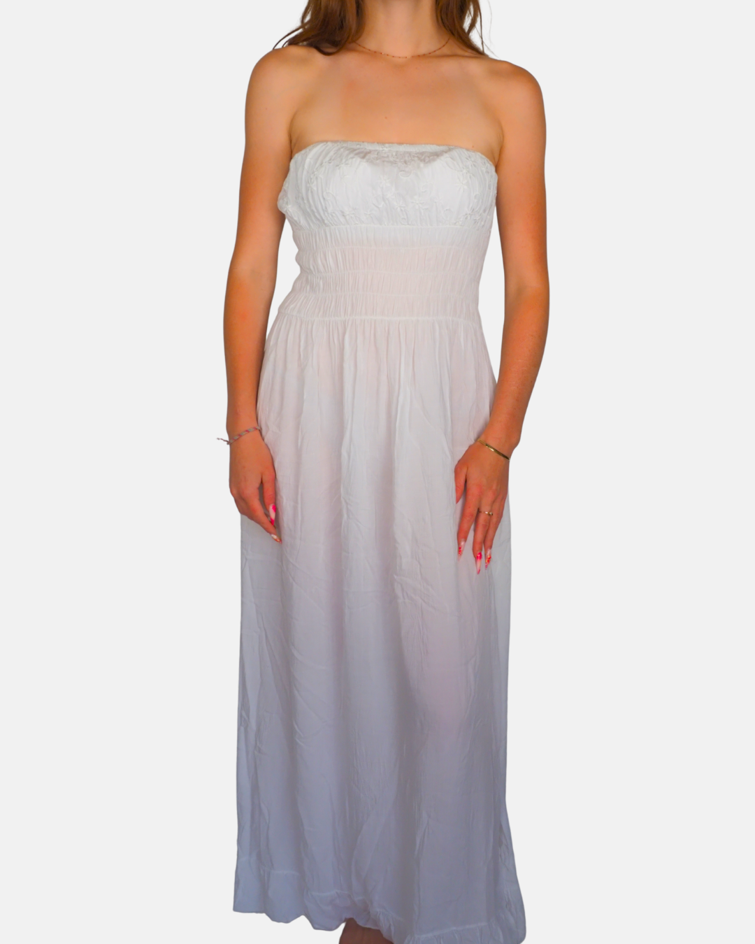 White Strapless Smocked Maxi Dress